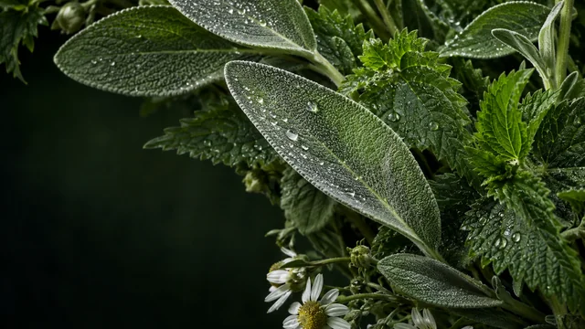 Botanische Illustration mit detailreichen Blättern und Tautropfen